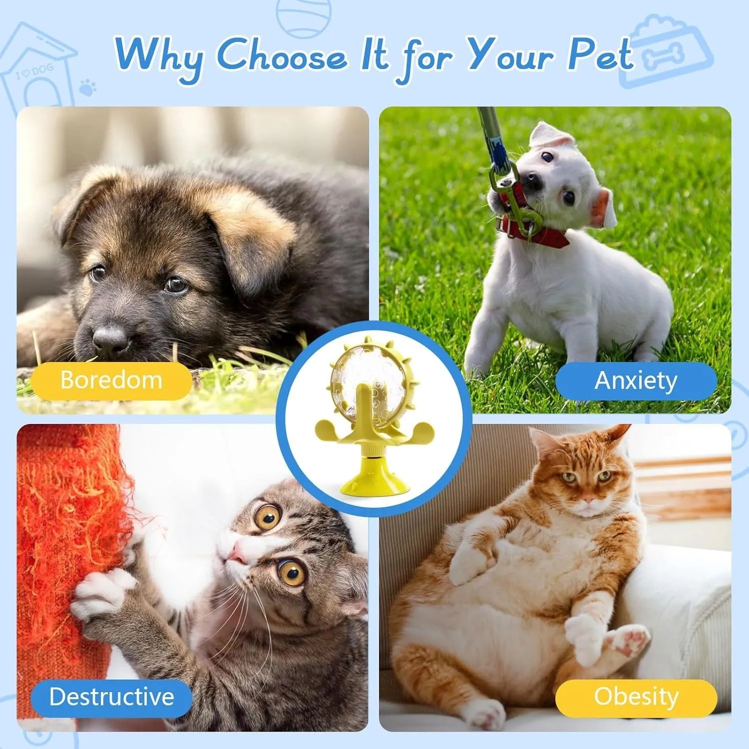 Blue interactive spinner puzzle toy for cats and dogs with suction base on a floor.