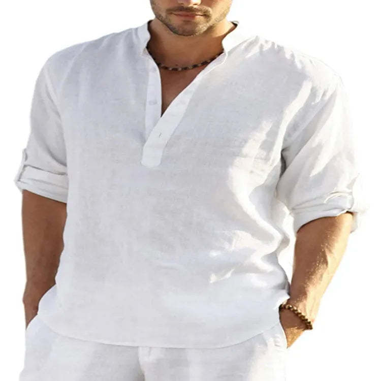 Men's slim fit cotton linen shirt with stand collar and long sleeves in a solid light blue colour.