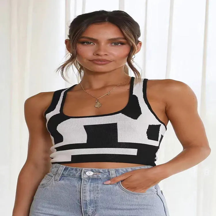 Women's U-neck contrast colour camisole with exposed navel styling in Core-spun polyester fabric