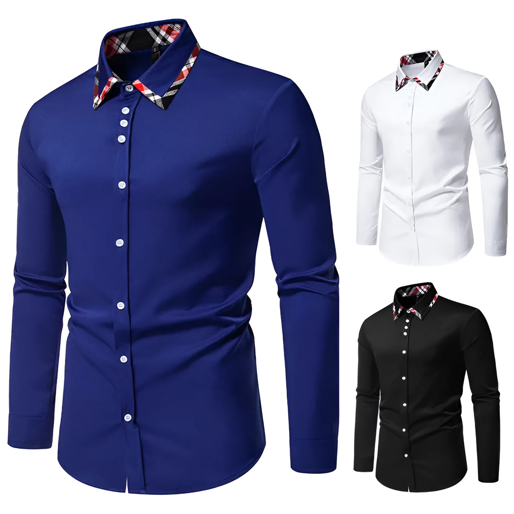 Men's casual blue plaid long sleeve shirt with a triangle collar, laid flat
