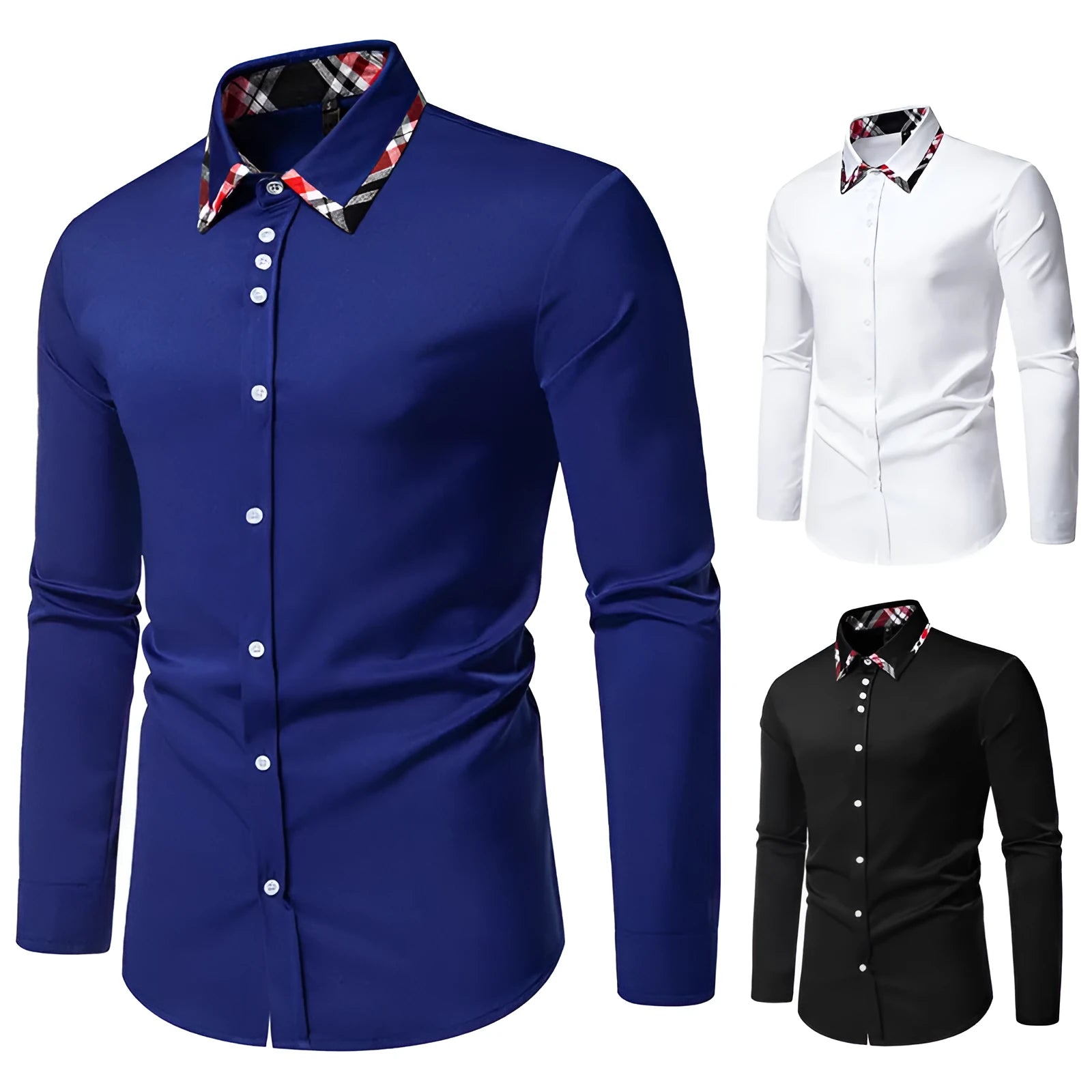 Men's casual blue plaid long sleeve shirt with a triangle collar, laid flat