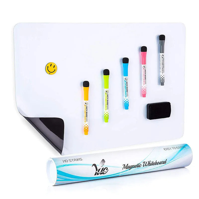 A3 rounded magnetic soft whiteboard with PET film surface on a fridge door showing handwritten notes