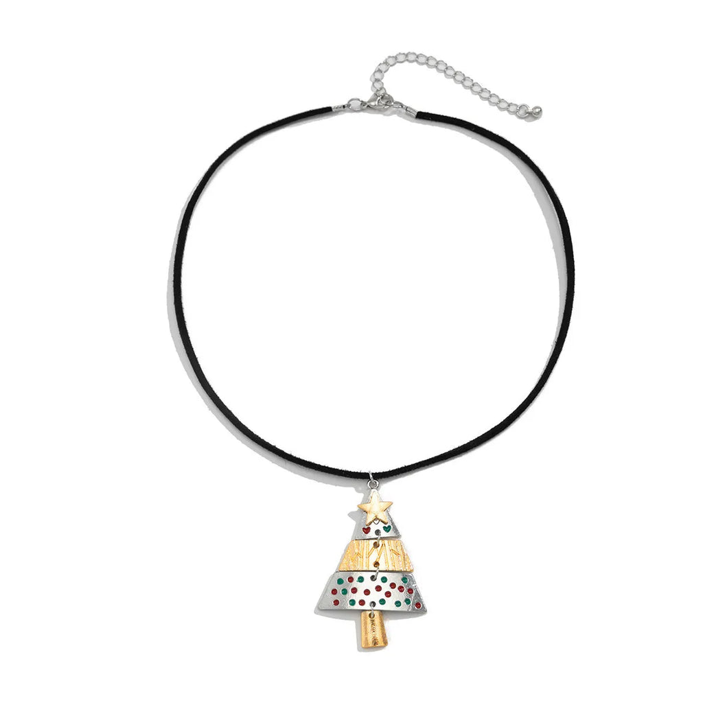 Christmas tree necklace and earrings set with mixed colour alloy drip oil finish on leather wax line cord for women