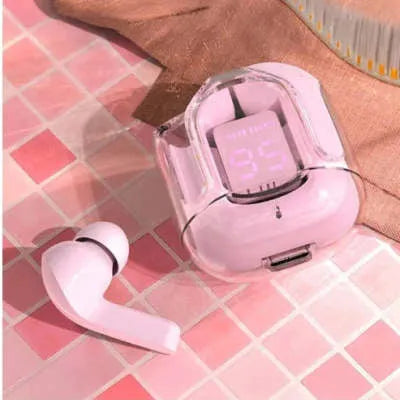 Transparent space capsule case containing true wireless Bluetooth earbuds with digital display screen