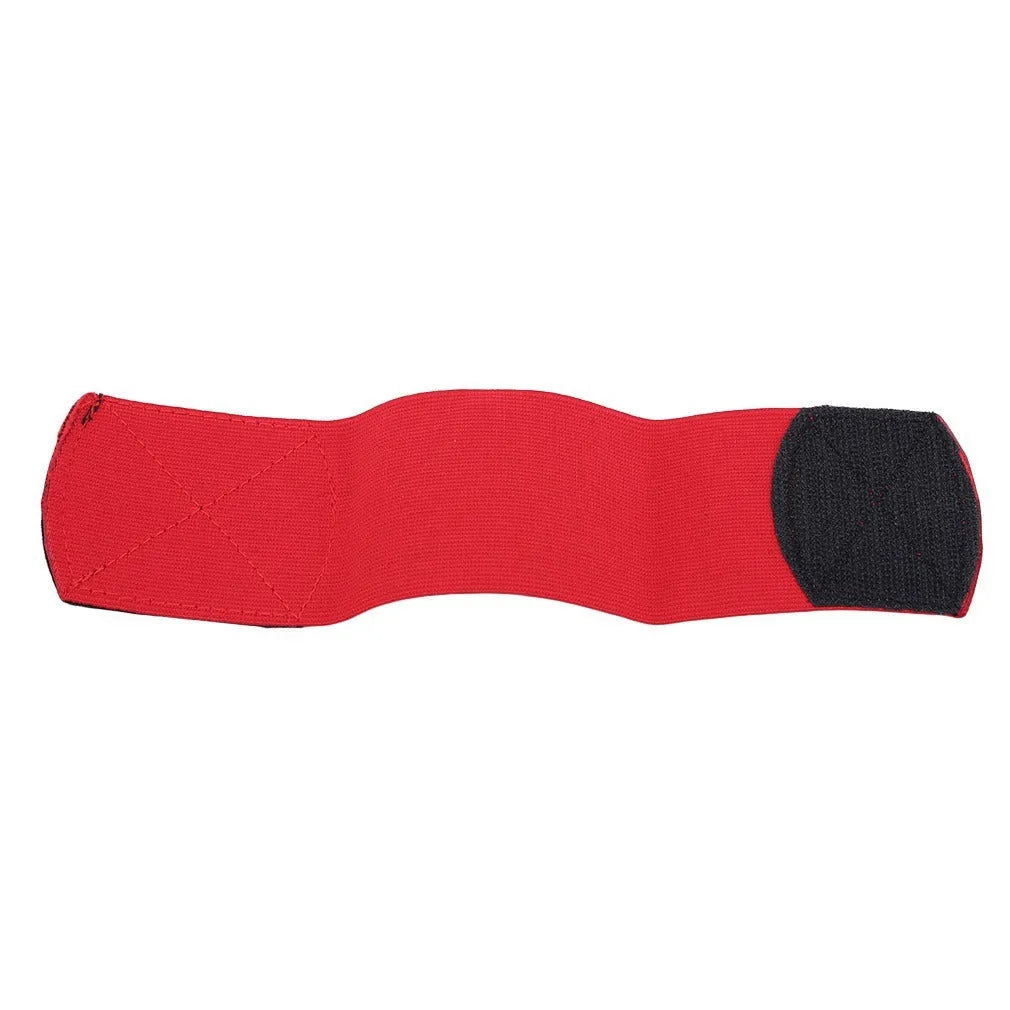 Rubber football shin guard fixation strap shown in multiple colours with approximate 25x6.5cm dimensions