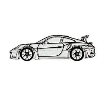 Black iron metal sports car wall art decoration against a wall