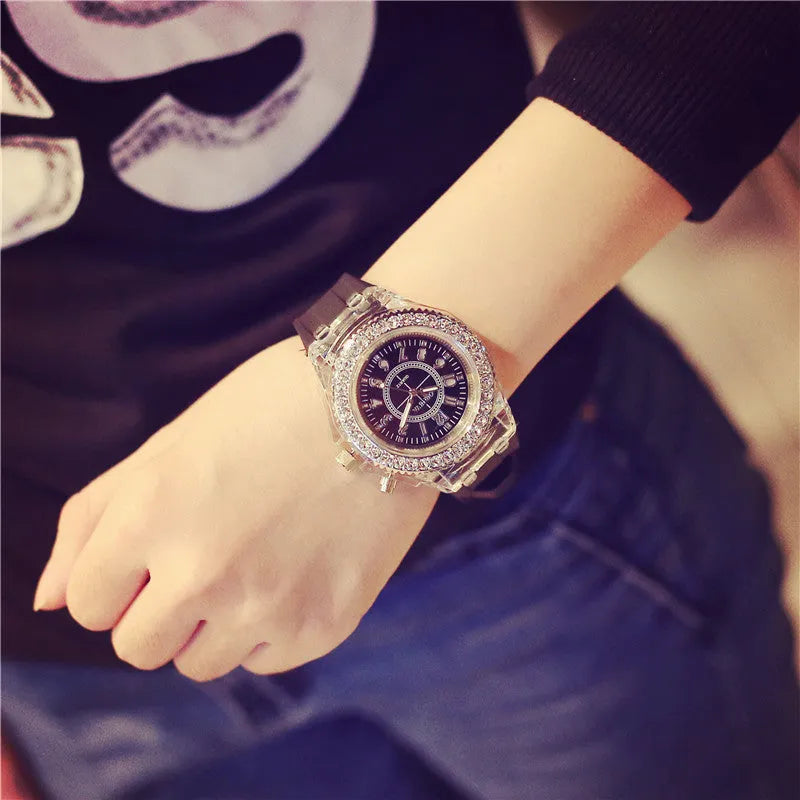 Women's LED luminous quartz watch with round 43mm alloy case and coloured silicone strap