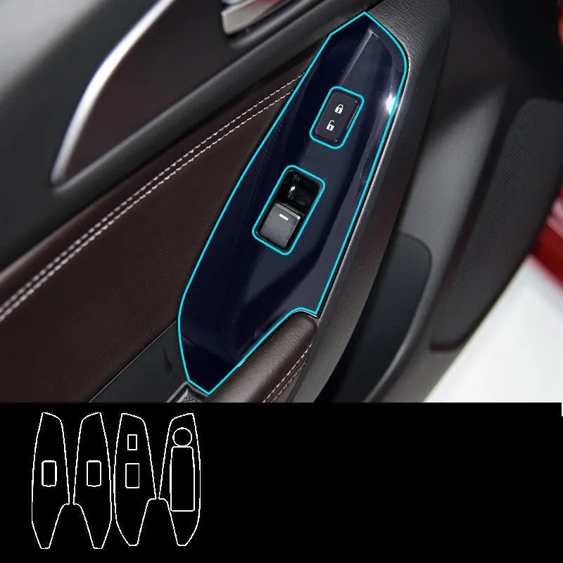 TPU protective film set for Ford Mustang door control panel switches in transparent, carbon fibre and matte black finishes