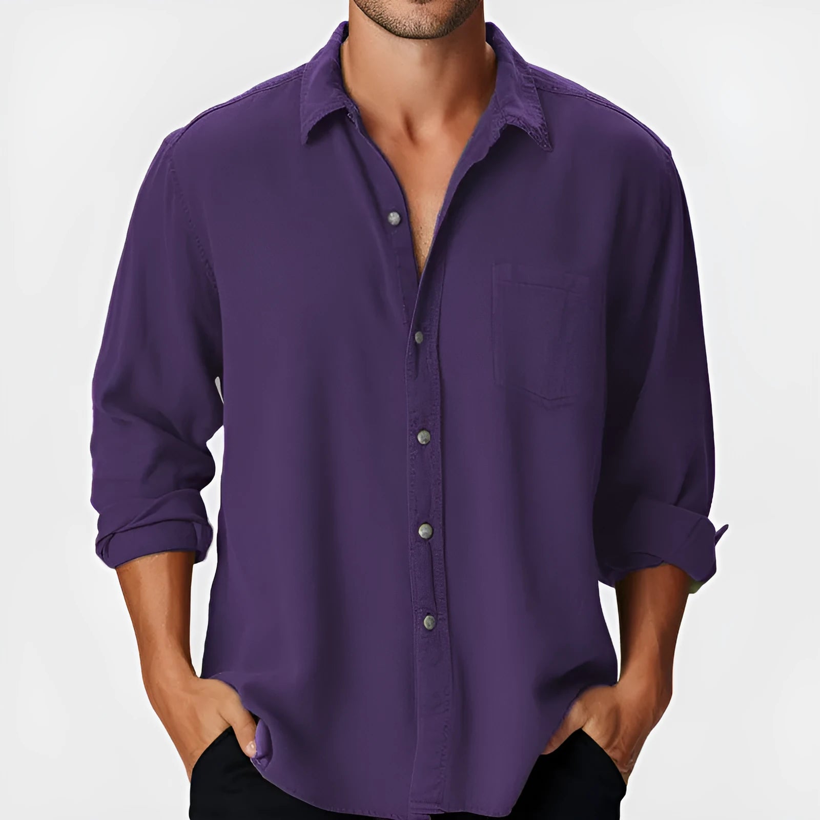 Men's loose fit long sleeve beach shirt with stand collar on a mannequin.