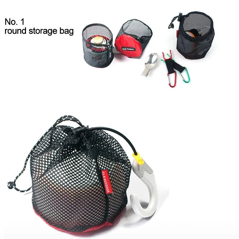 Set of five red outdoor travel storage bags with zippers and mesh panels.