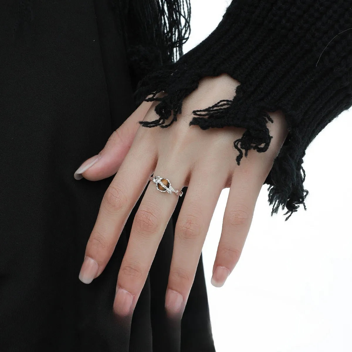 Women's adjustable open ring with Saturn design and tigereye styling in white gold electroplated silver