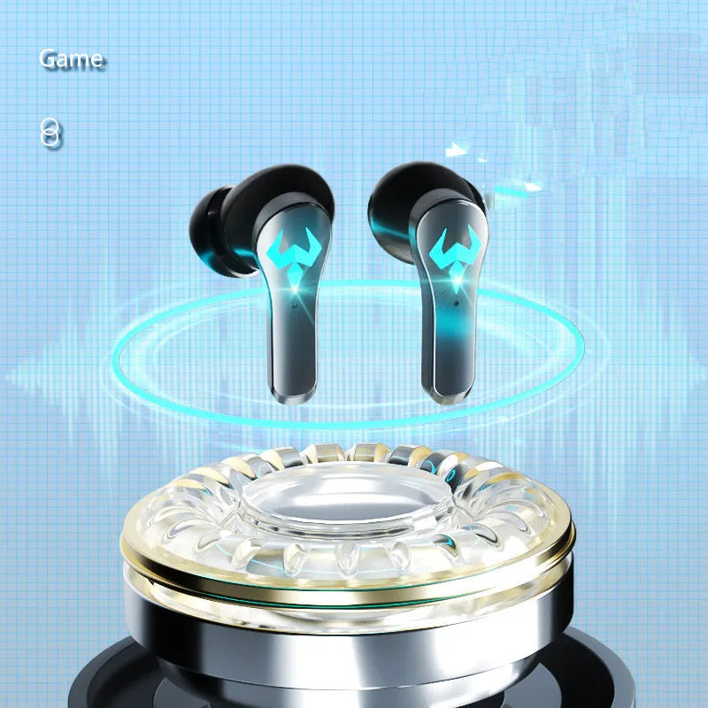 Black wireless Bluetooth stereo gaming headset with in-ear design and charging cable
