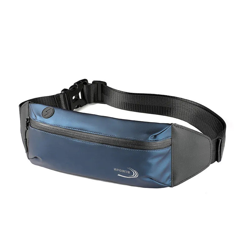 Men's blue waterproof sports waist bag with adjustable strap, 45cm long Oxford polyester construction