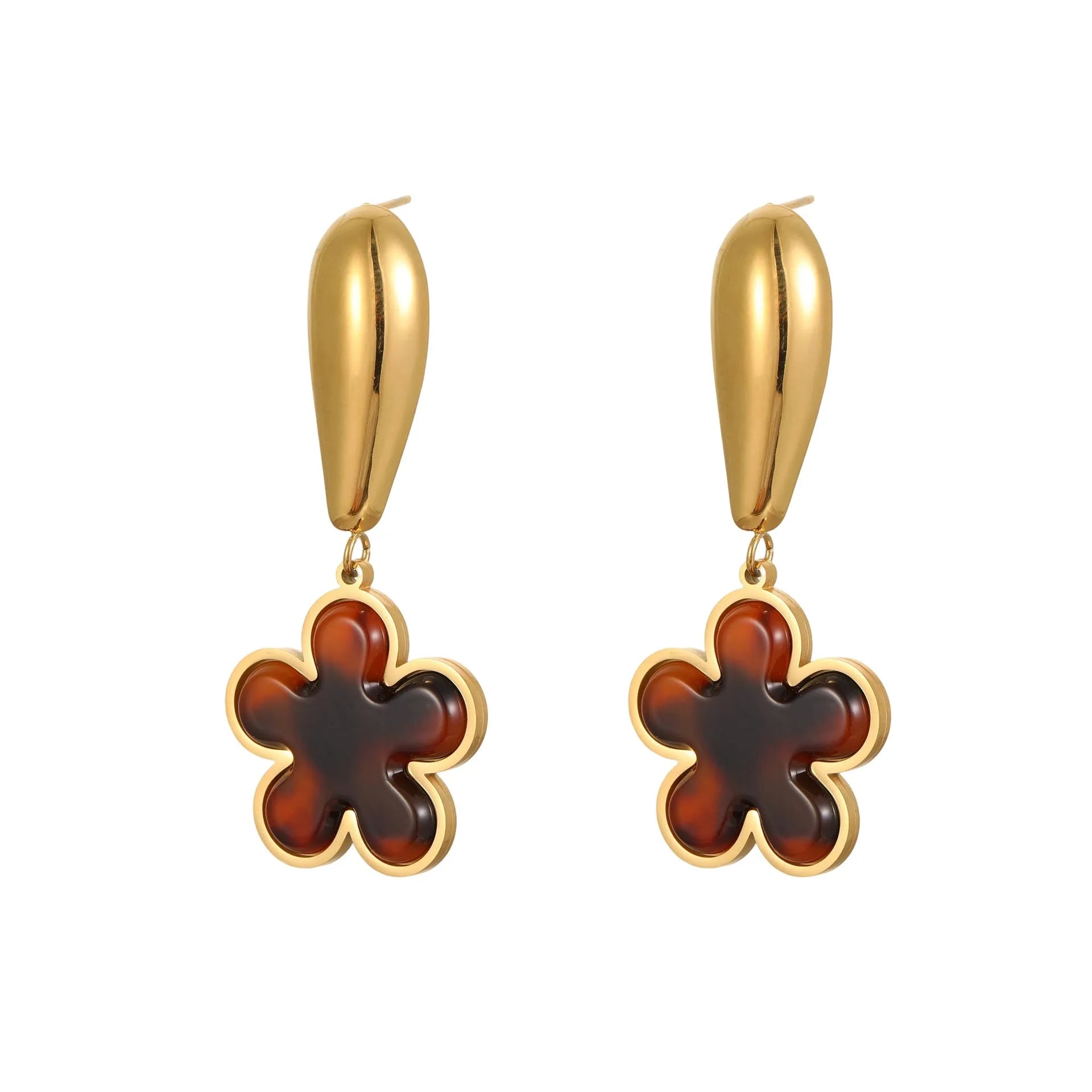 Gold electroplated tortoiseshell resin earrings in heart and geometric floral designs for women.