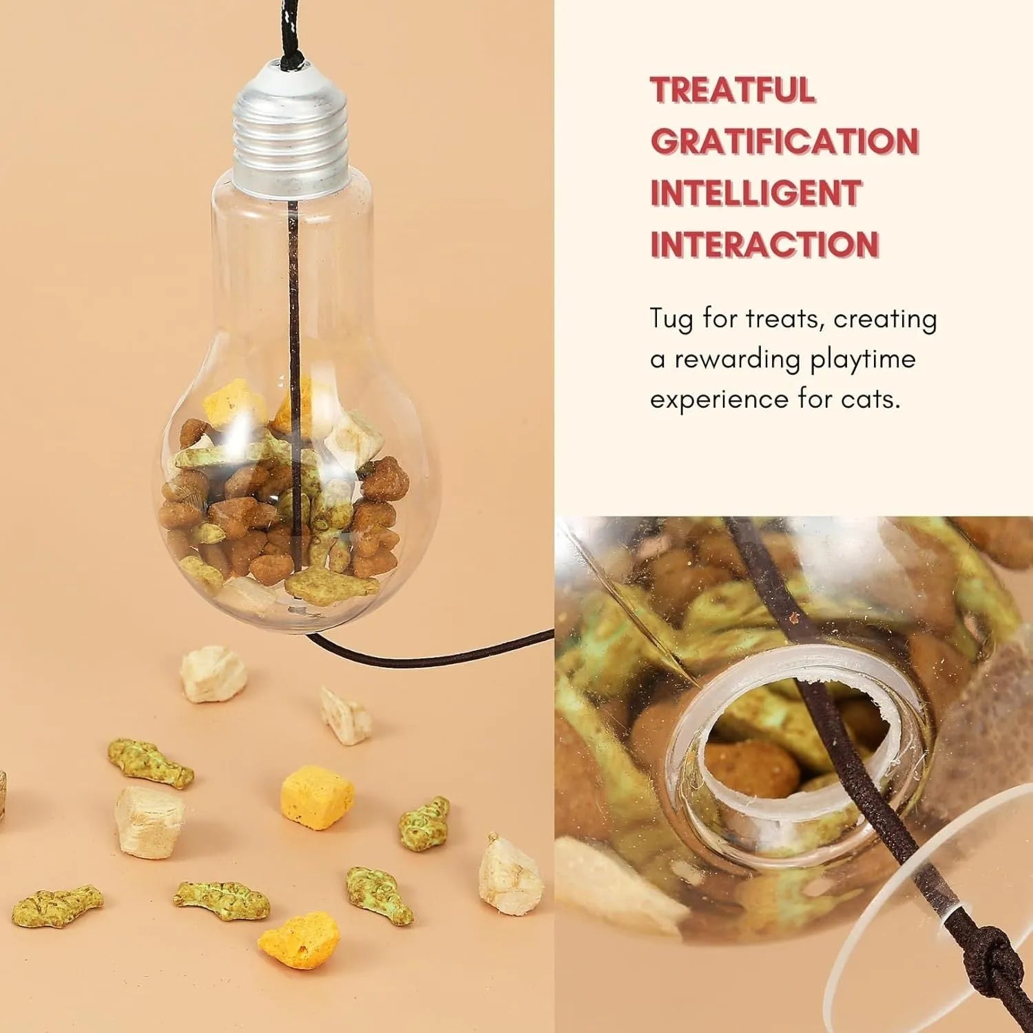 Interactive cat toy hanging from door frame with elastic rope, treat dispenser bulb, and dangling mouse accessory