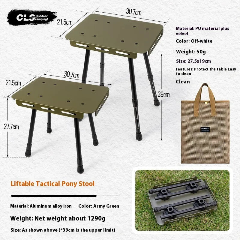Aluminium folding camping stool that converts into a small table, shown with a tactical storage bag and a beige PU cushion.