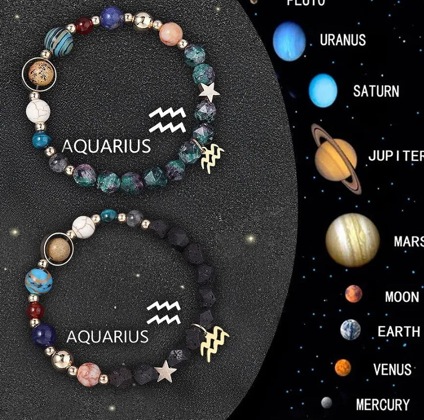Complete set of twelve zodiac sign bracelets with natural stone beads and adjustable closures
