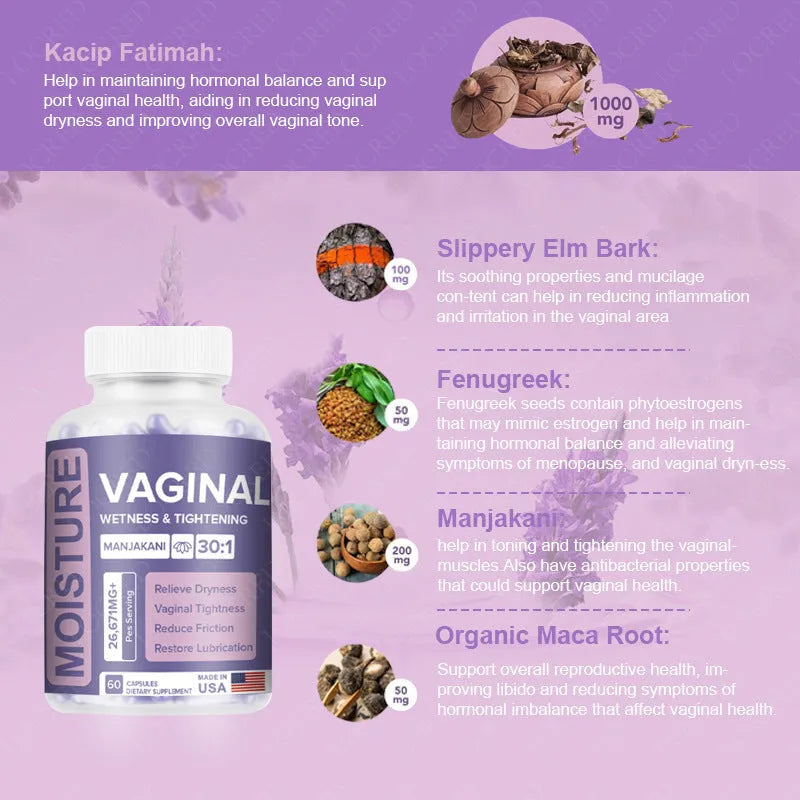 Bottle of 60 vaginal capsules for adult women's feminine wellness supplement