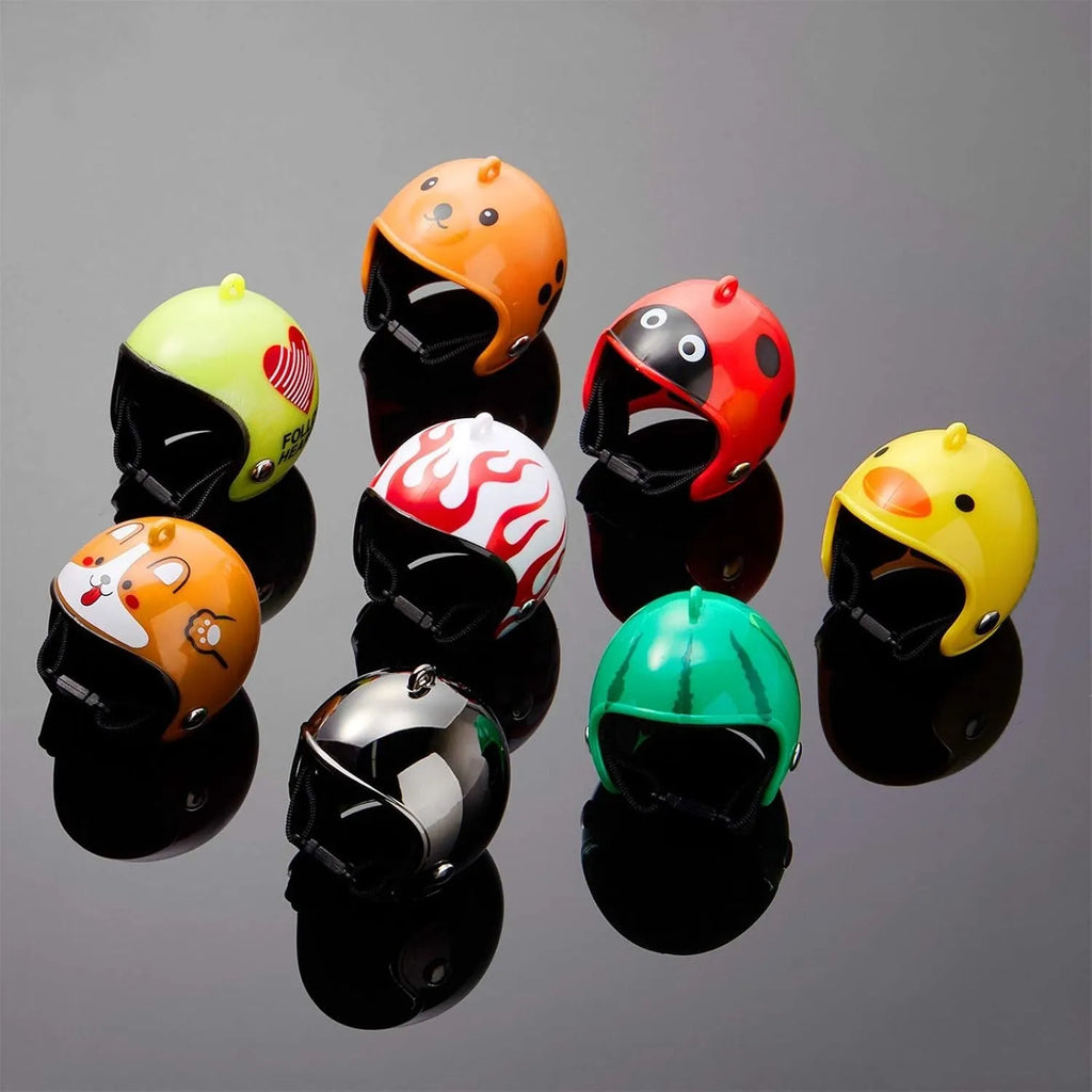 Small hard plastic pet helmet with elastic adjustment straps and sponge lining for chickens and birds