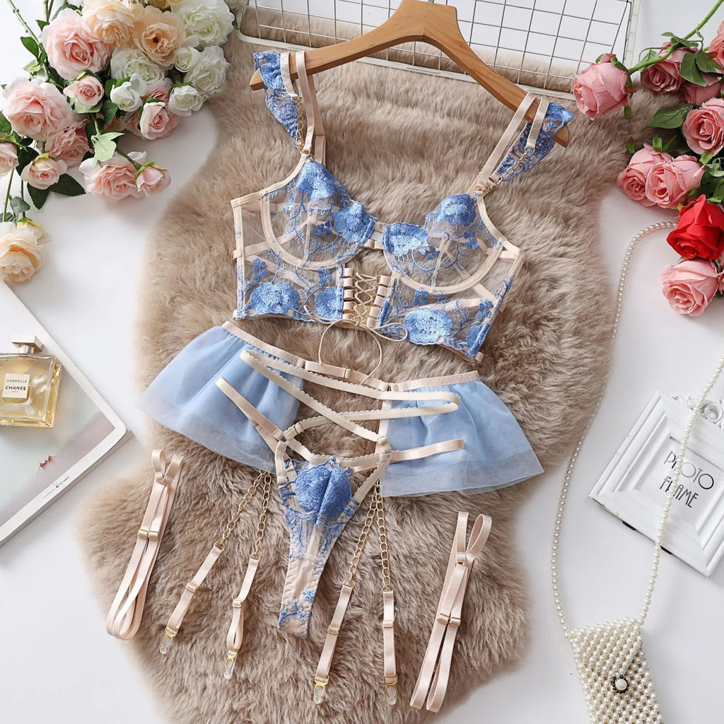 Light blue lace embroidered transparent push up bra set with mesh three-point style for women