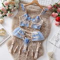 Light blue lace embroidered transparent push up bra set with mesh three-point style for women