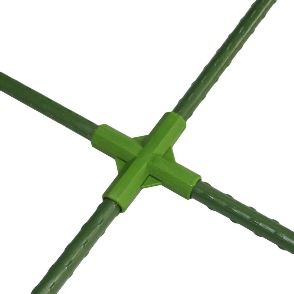 Two white plastic garden connectors, a three-way and a four-way joint, for 11mm plant support poles.