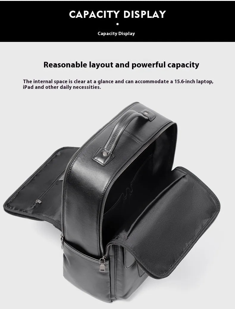 Black genuine leather men's computer backpack with woven details and ergonomic back plate