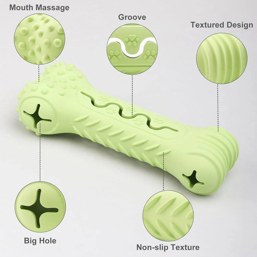 Natural rubber bone-shaped dog chew toy in blue, green, and orange colours
