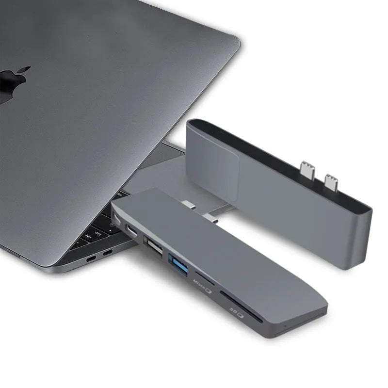 8-in-1 USB-C hub for MacBook Pro with dual USB-C plugs and multiple ports