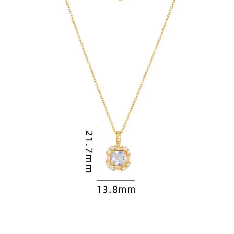 Gold tone geometric quadrilateral pendant necklace with inlaid zircon stones on a water wave chain.