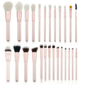 26 pink wooden handle makeup brushes arranged in a pink PU zip case.