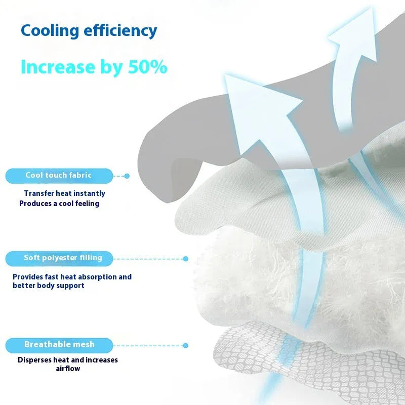 Ice silk dog cooling mat with dog head pattern in light grey, showing non-slip base and rectangular shape.