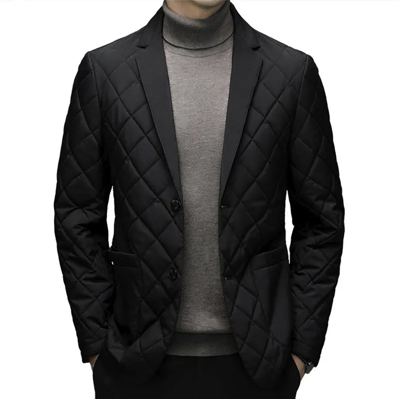 Men's solid colour lapel down jacket in cardigan style with side seam pockets.