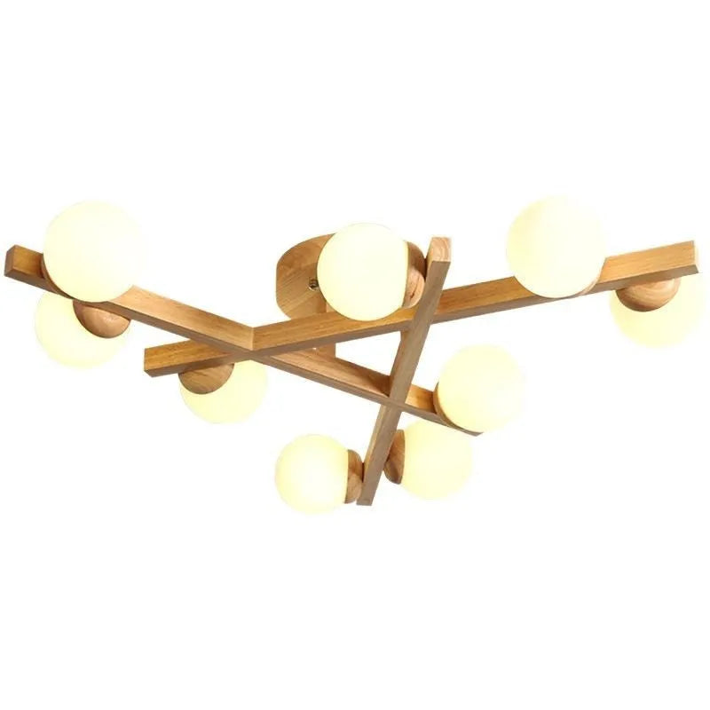 Wooden style modern Nordic ceiling light fixture with three neutral light heads.
