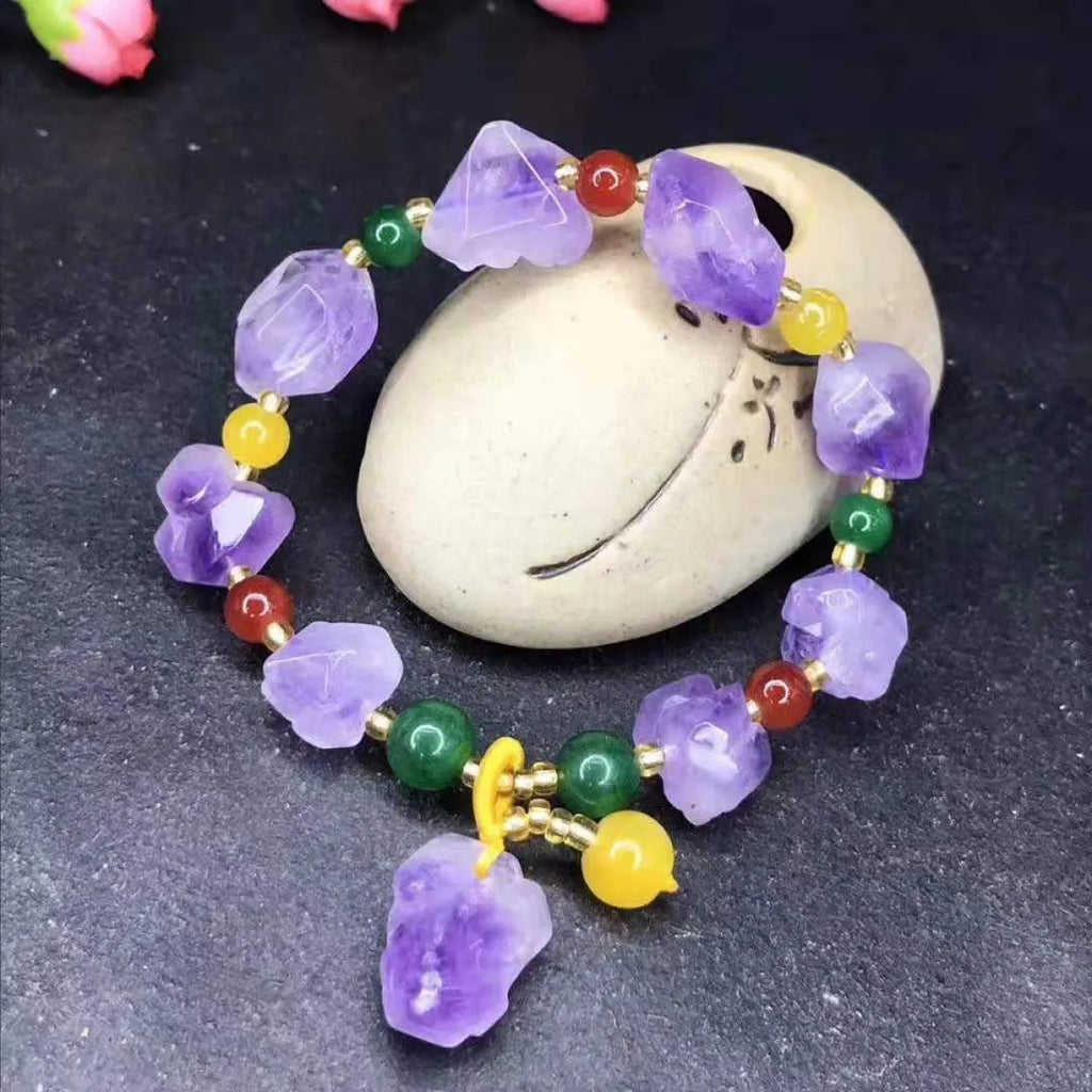Women's natural amethyst bracelet with shaped stone beads and fu character decorative elements
