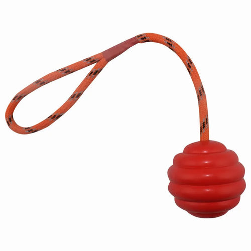 Multi-colour rubber pet ball with rope knots measuring 6x30cm for interactive chew and fetch play