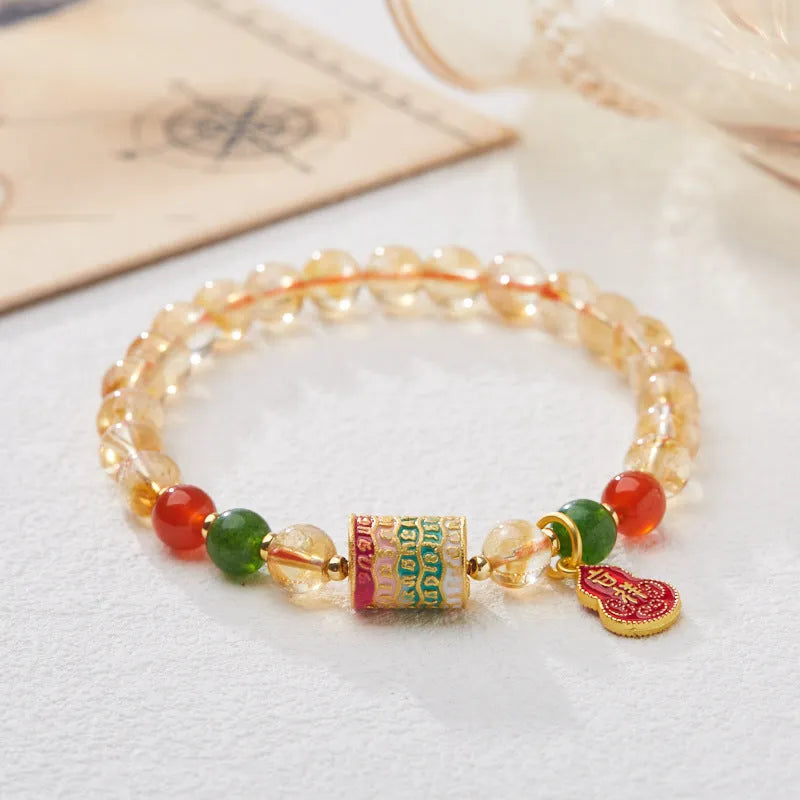 Hand-woven citrine five sutra bracelet with 6mm crystal beads in geometric pattern