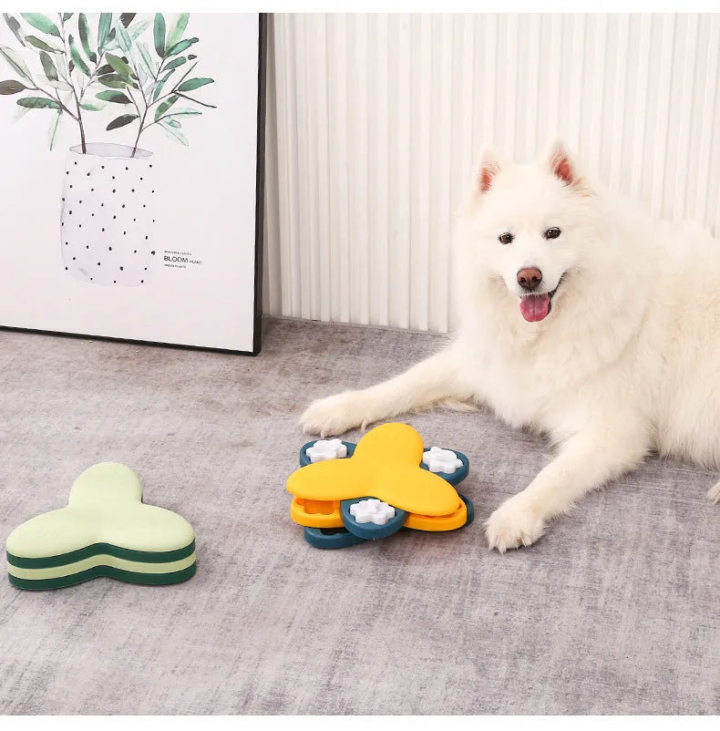 Green and yellow dog puzzle toy with nine bone-shaped covers on a non-slip base.
