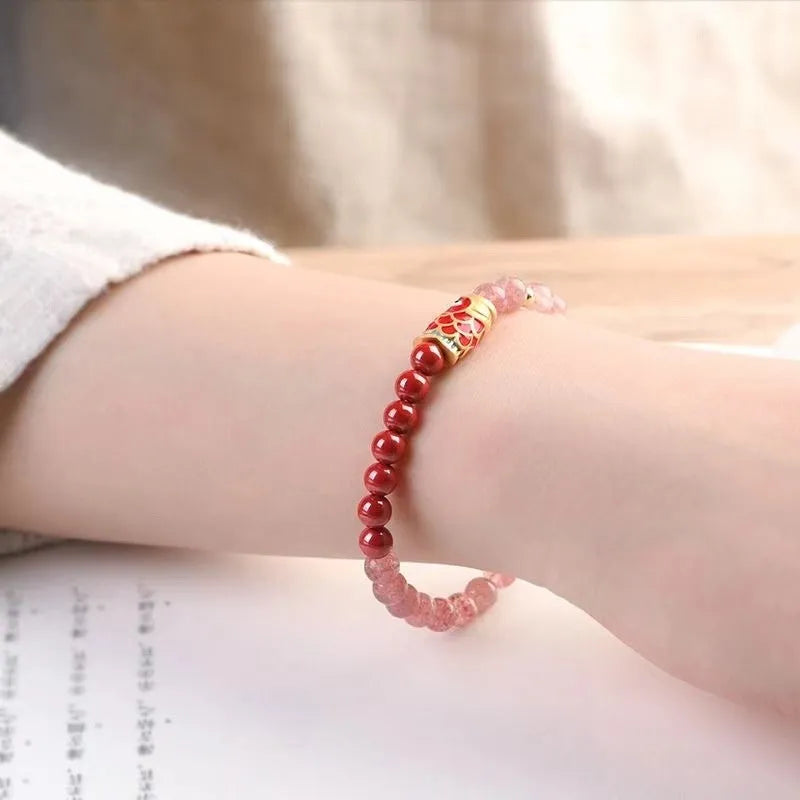 Purple cinnabar and strawberry quartz bead bracelet on adjustable cord for women