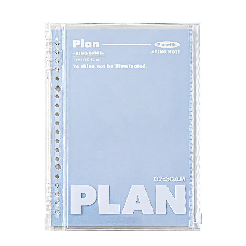 Clear PVC A5 notebook cover showing spiral binding slot and document pockets in white and blue colour options