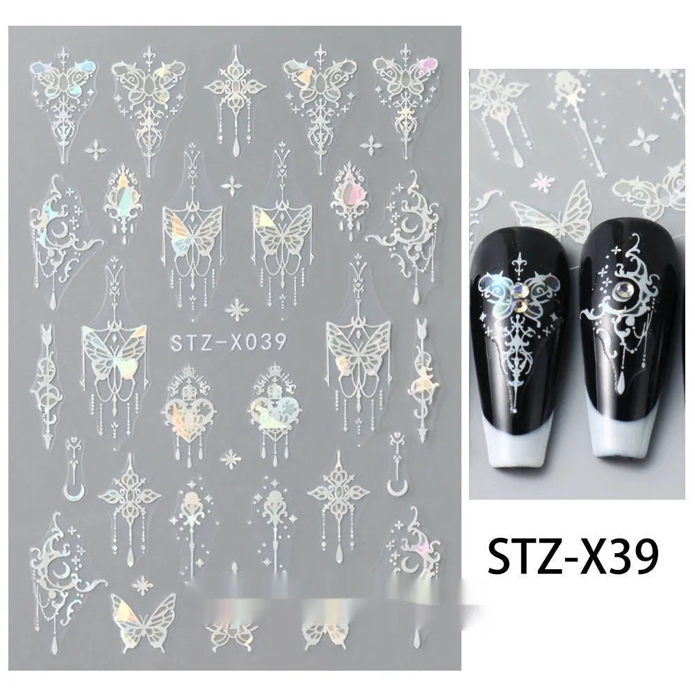 Sheet of black and silver stripe nail art stickers from a cartoon series for DIY manicures.