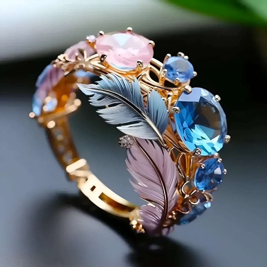 Brass geometric feather ring with embossed colourful design and inlaid zircon stones