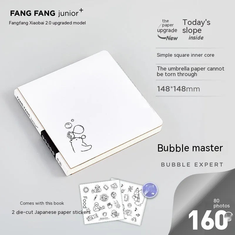 Square checkered diary notebook with 148mm dimensions showing cover colour options and included sticker sheets