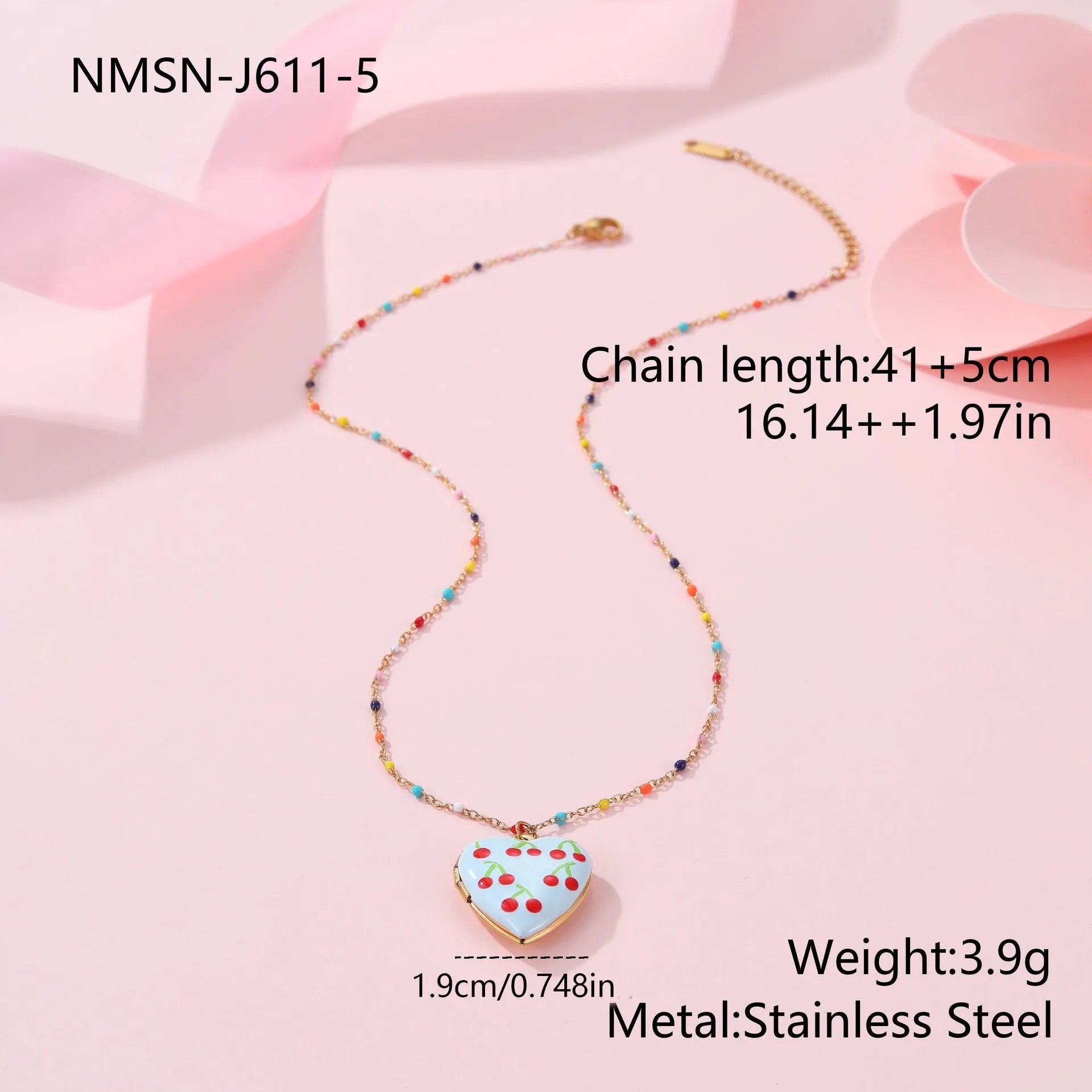 Women's stainless steel necklace with 18K gold plating showing heart pendant with fruit designs