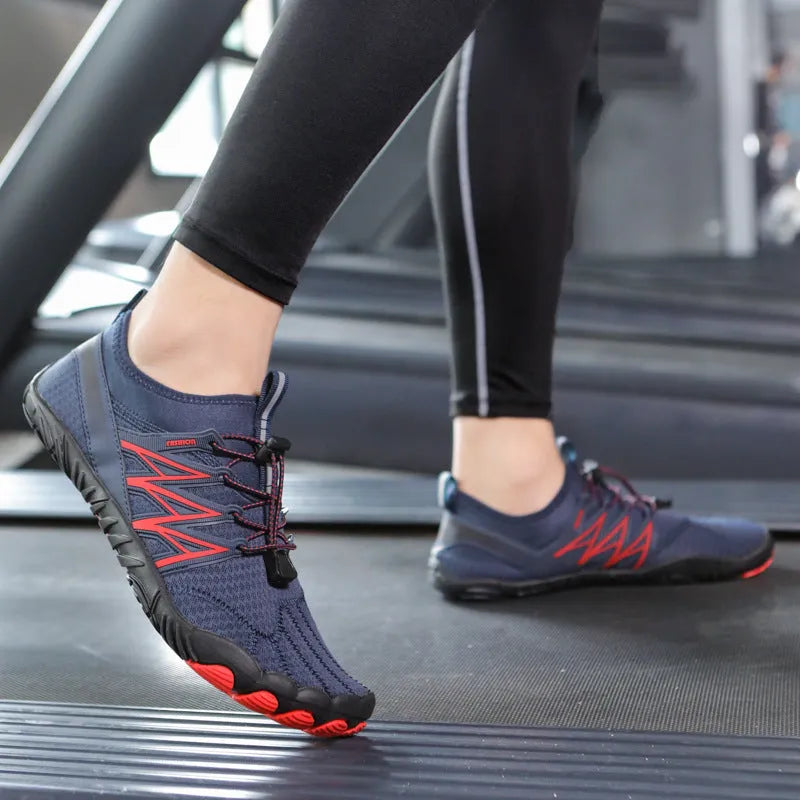 Indoor fitness training sneakers in multiple colours with striped pattern and rubber sole.