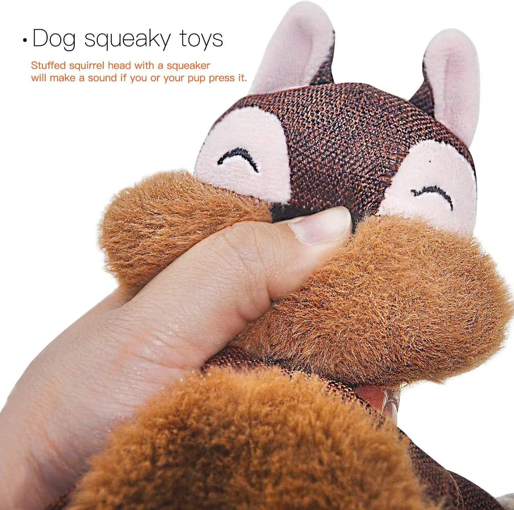 Brown fox-shaped plush dog toy with embroidered eyes, cotton rope limbs, and a squeaker.