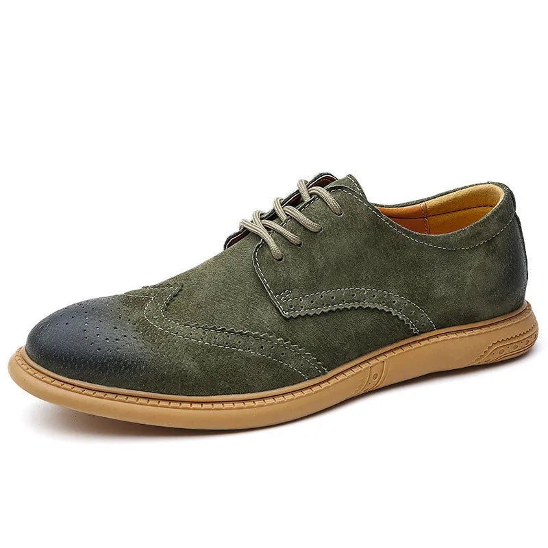 Men's black genuine cowhide leather low top business shoes with lace-up design and rubber sole.