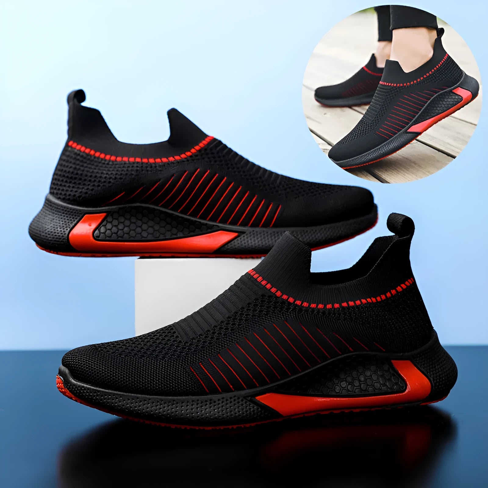 Men's mesh sock shoes with striped design in slip-on sneaker style