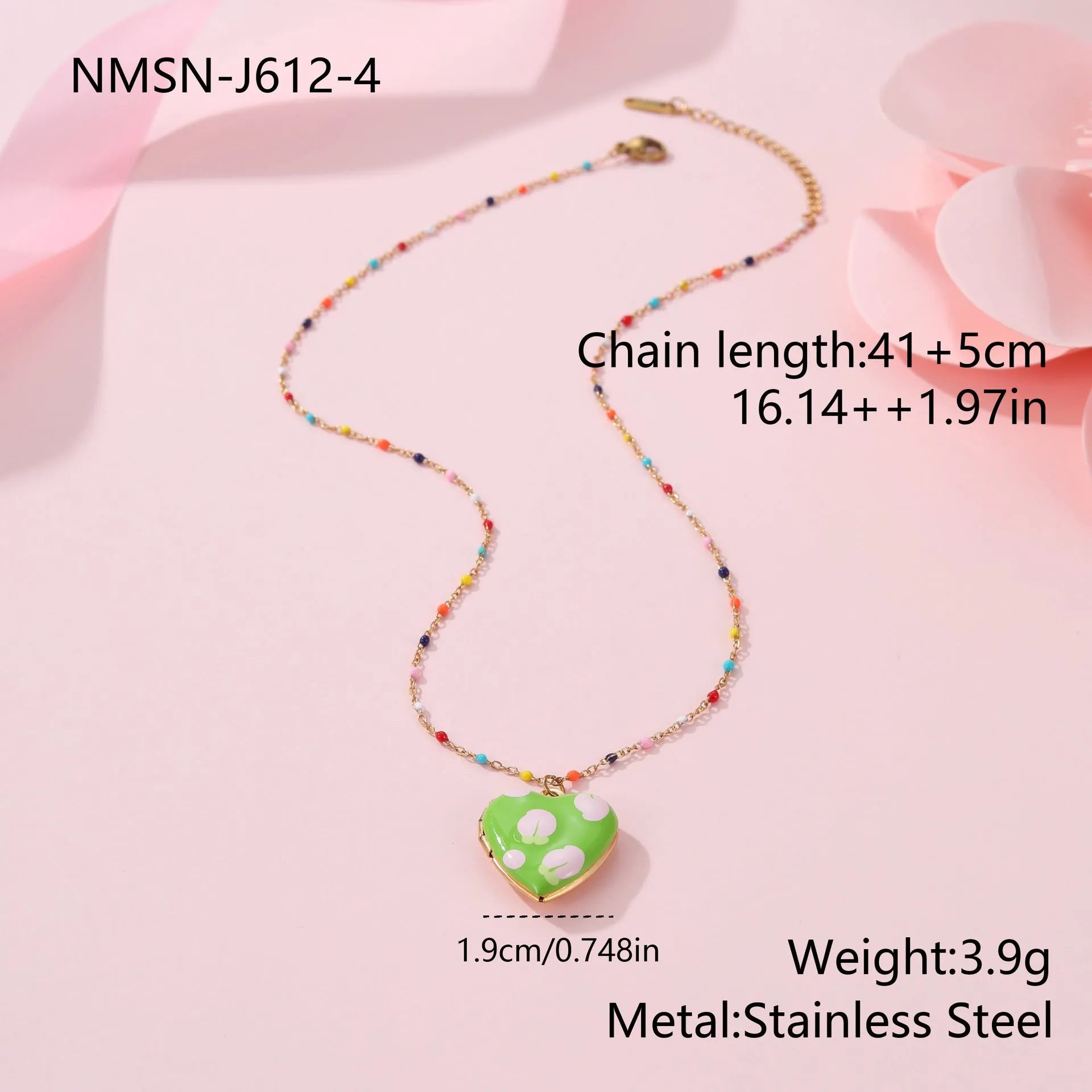 Women's stainless steel necklace with 18K gold plating showing heart pendant with fruit designs