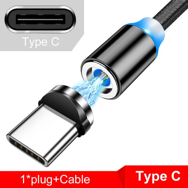 Black magnetic USB charging cable with glowing LED light indicator on a white background.